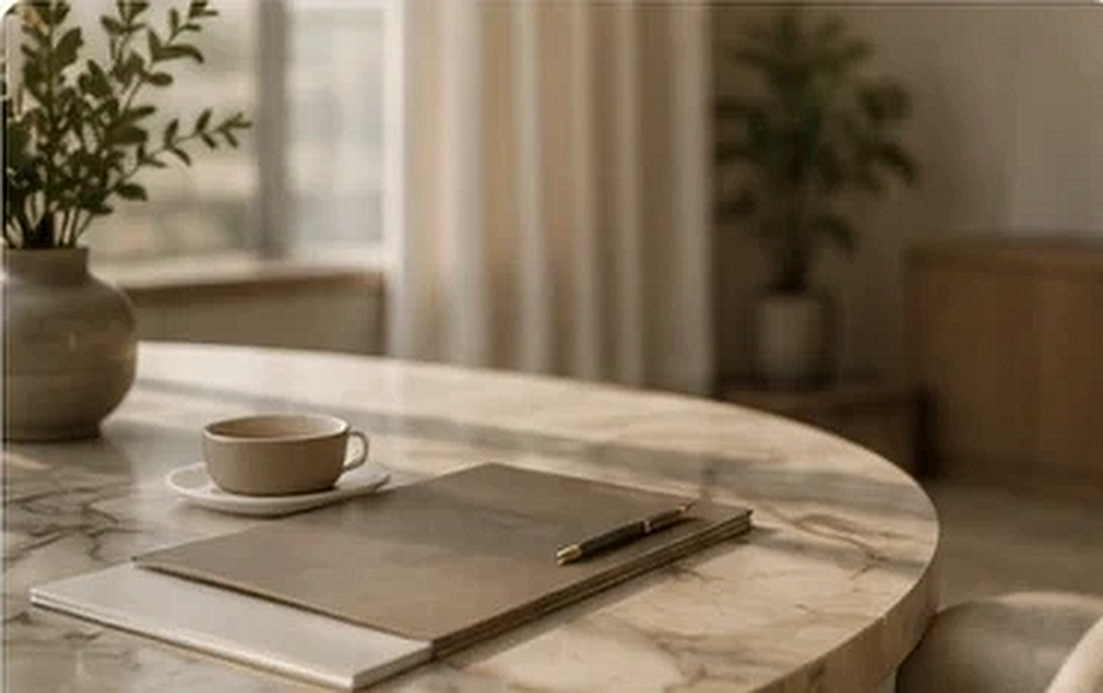 Notebook and coffee on a refined meeting table